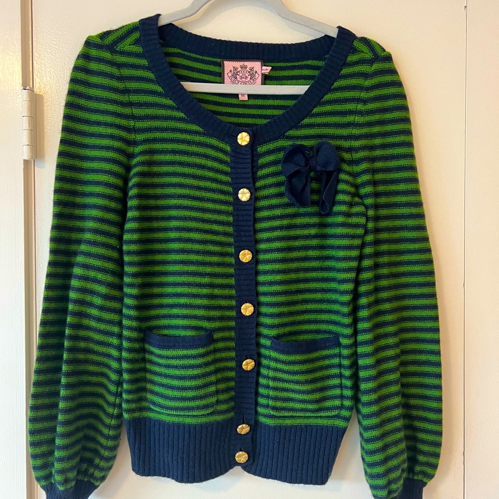 Juicy Couture Navy & Green striped cardigan w/gold buttons. Cashmere/wool blend